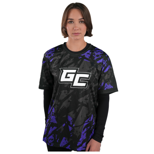 Person wearing a graphic esports jersey.